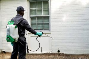 A Hawx Pest Control technician spraying the exterior of a house with a backpack sprayer in San Antonio, TX.