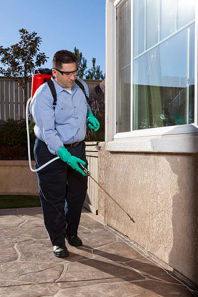 A pest control technician spraying the exterior foundation of a house for pest prevention by Rocky Mountain Pest Control in Santa Fe, NM.