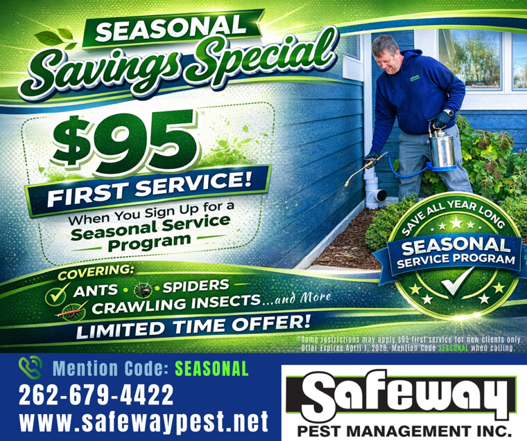 A Safeway Pest Management technician spraying the exterior of a house for pest control in Muskego, WI.