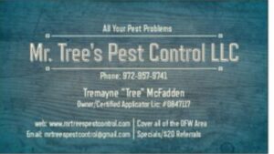 A pest control technician from Mr. Tree's Pest Control LLC spraying the foundation of a house in Dallas, TX.