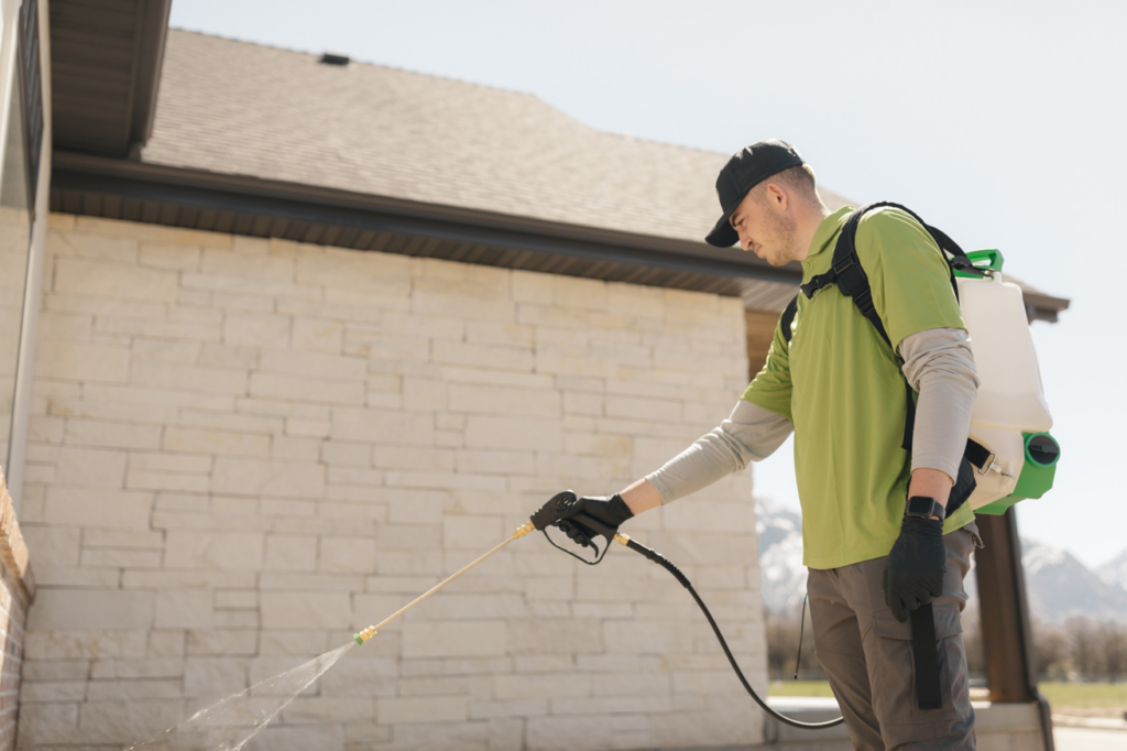 A pest control technician spraying the exterior foundation of a house for pest prevention at Pure Pest Solutions in North Ogden, UT.