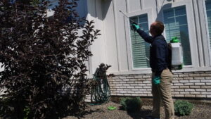 A Pestcom Pest Management technician applying pest control treatment to the exterior of a residential home in Nampa, ID