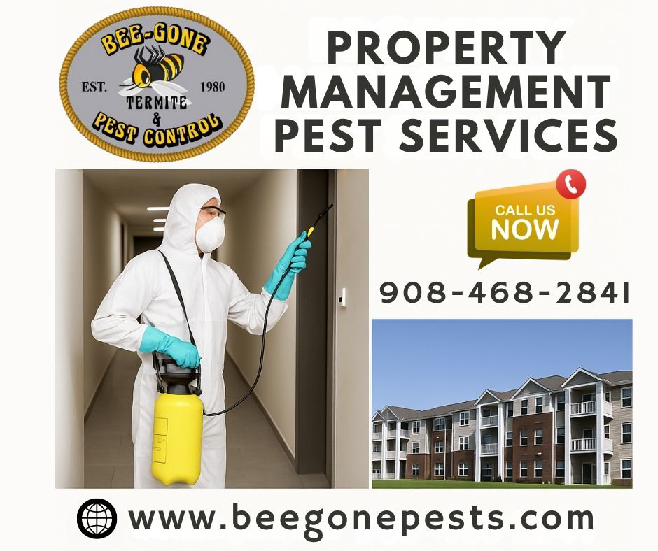 A pest control technician in a hazmat suit spraying indoors for Bee-Gone Termite & Pest Control in Middletown, NJ.