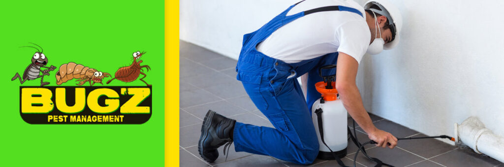 A pest control technician spraying along a wall indoors, performing a service for Bugz Pest Management in Plymouth, IN