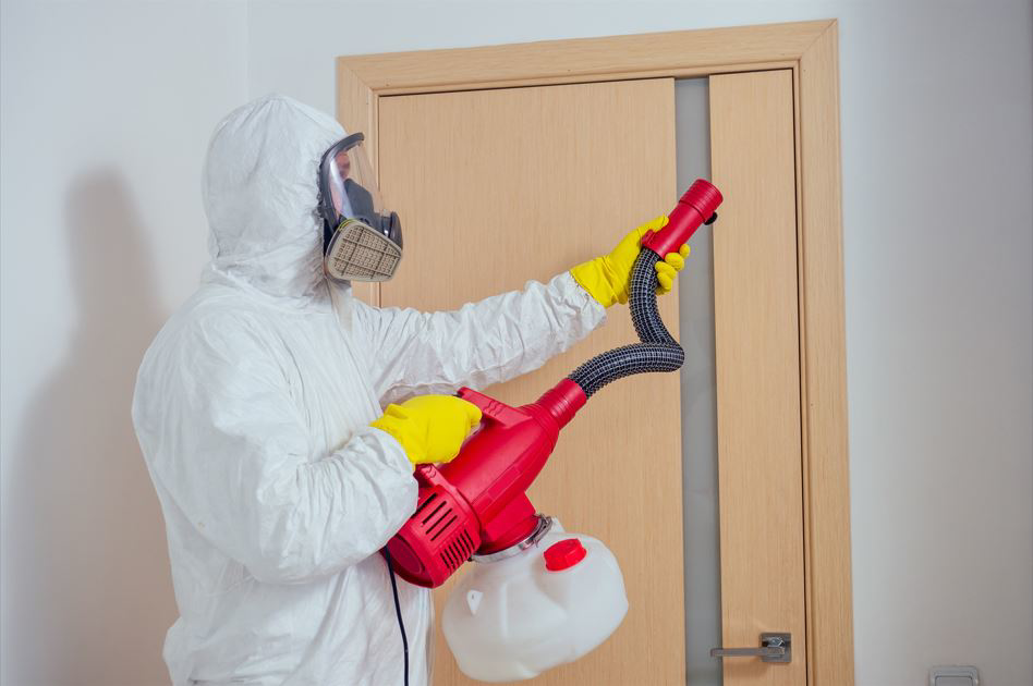 A pest control technician in a hazmat suit spraying indoors for Eco Advantage Termite and Pest Solutions in Fayetteville, NC