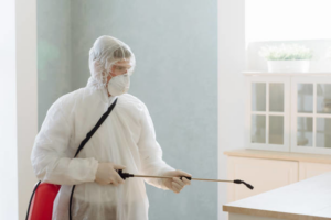 A pest control technician in a protective suit spraying indoors for pest treatment by Rocky Mountain Pest Control in Santa Fe, NM.