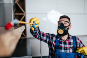 A pest control technician wearing a respirator and gloves, spraying for pests in a kitchen at Ares Pest Control in Biddeford, ME.