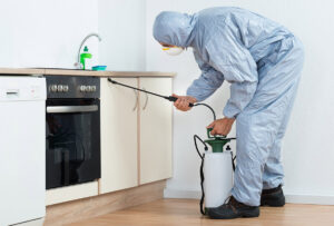 A pest control technician in a protective suit spraying under kitchen cabinets for Sac Pest Pros in Sacramento, CA.