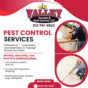 A pest control technician spraying under a kitchen counter for Valley Termite & Pest Control in Cincinnati, OH.