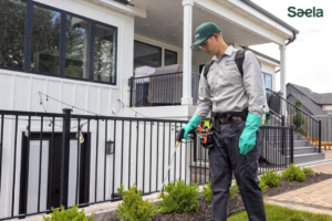 A Saela Pest Control technician spraying around plants next to a house in Hubbard, OR.