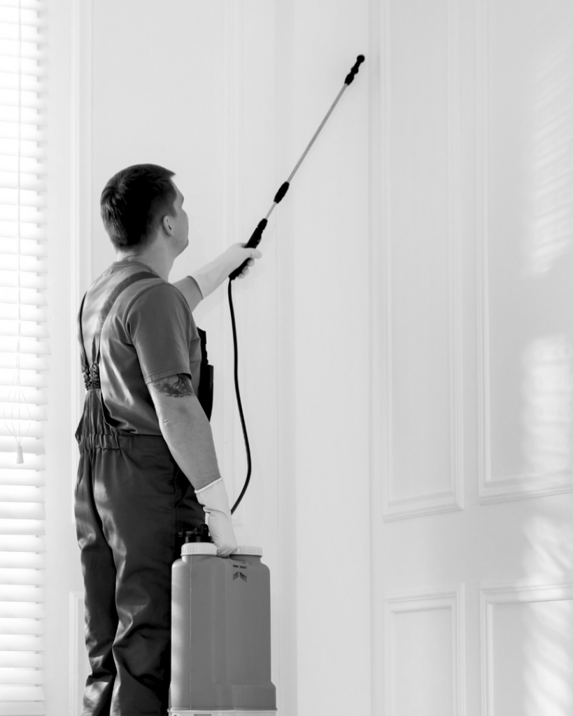 A pest control technician spraying a wall inside a home for Armor Pest Control in Jacksonville, FL.
