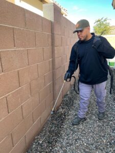 A CAPE Pest Control technician spraying along a brick wall for pest treatment in Mesa, AZ