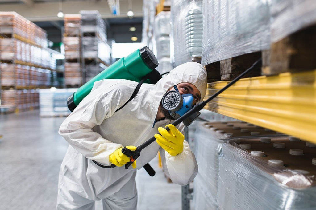A pest control technician in a hazmat suit spraying for pests in a warehouse at Nexterminate in Hollywood, FL.