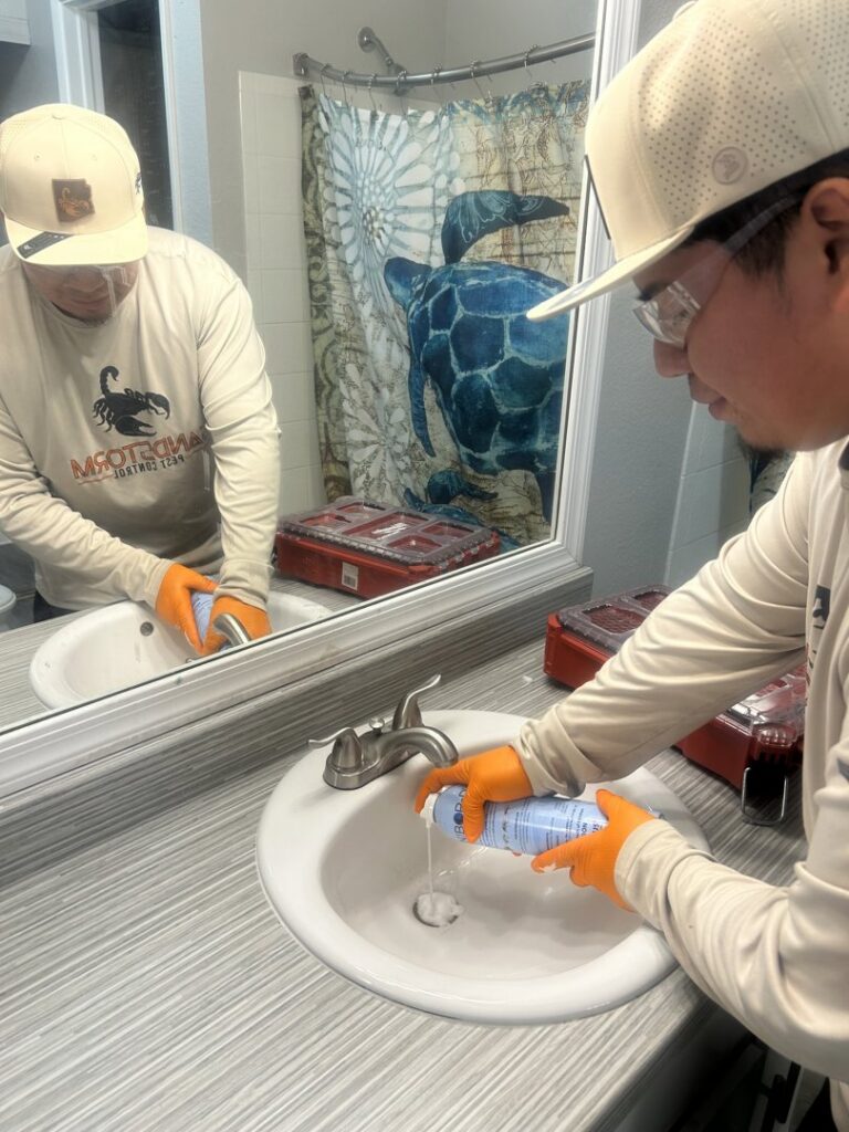A pest control technician from Sandstorm Pest Control treating a bathroom sink drain in Chandler, AZ.