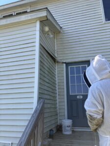A pest control technician in a protective suit treating house eaves for pests at Atlantic Pest Control in Baltimore, MD.