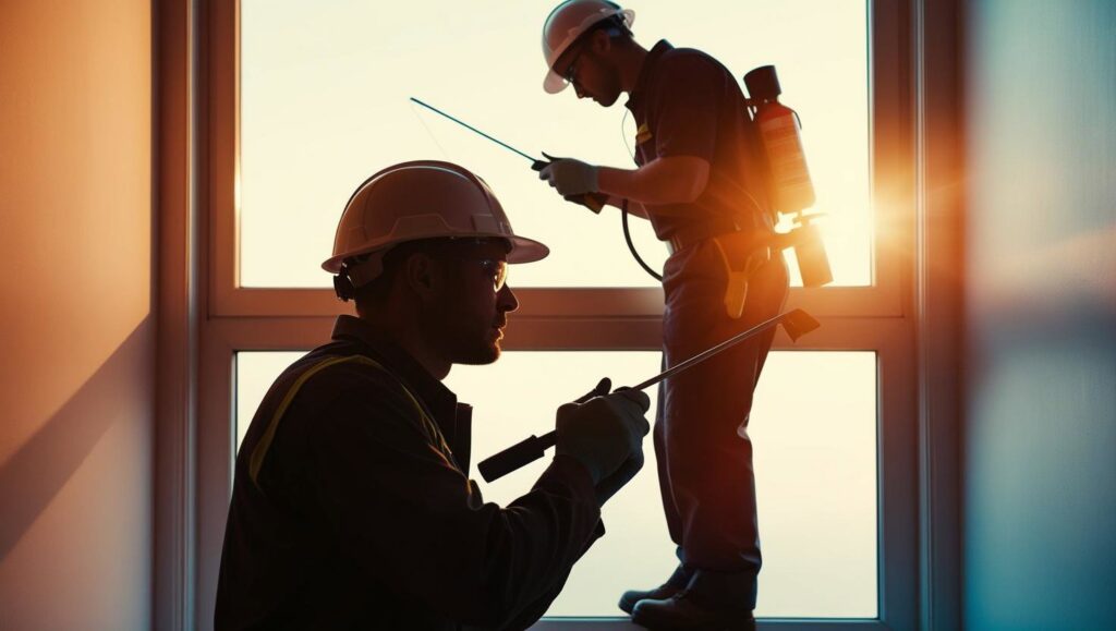 Two pest control technicians from Buzz Kill Pest Control inspecting and treating a window area for pests in Indianapolis, IN.