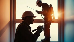 Two pest control technicians from Buzz Kill Pest Control inspecting and treating a window area for pests in Indianapolis, IN.