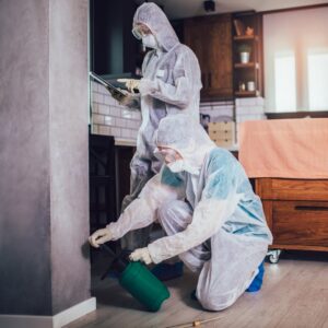 Two pest control technicians in protective gear spraying and inspecting a home for pests by Snaps Pest Control in Birmingham, AL.