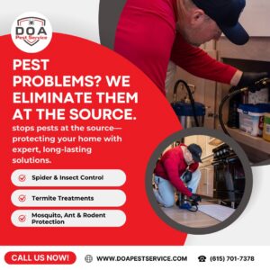 Pest control technicians treating a kitchen area for pests at DOA Pest Service in Nashville, TN.