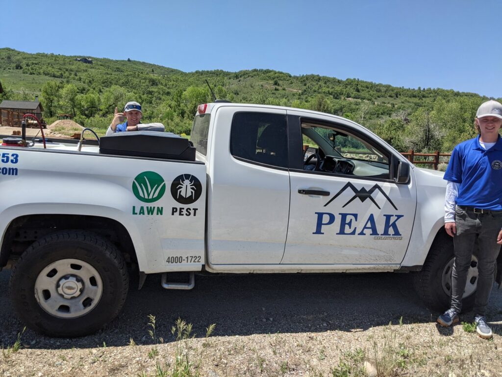 Two Peak Pest Control technicians standing next to a branded truck with a 'Lawn Pest' logo in Ogden, UT.