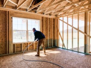 A technician spraying for pest control inside a new construction home by Central Virginia Exterminating & Crawlspace Solutions in Dillwyn, VA.
