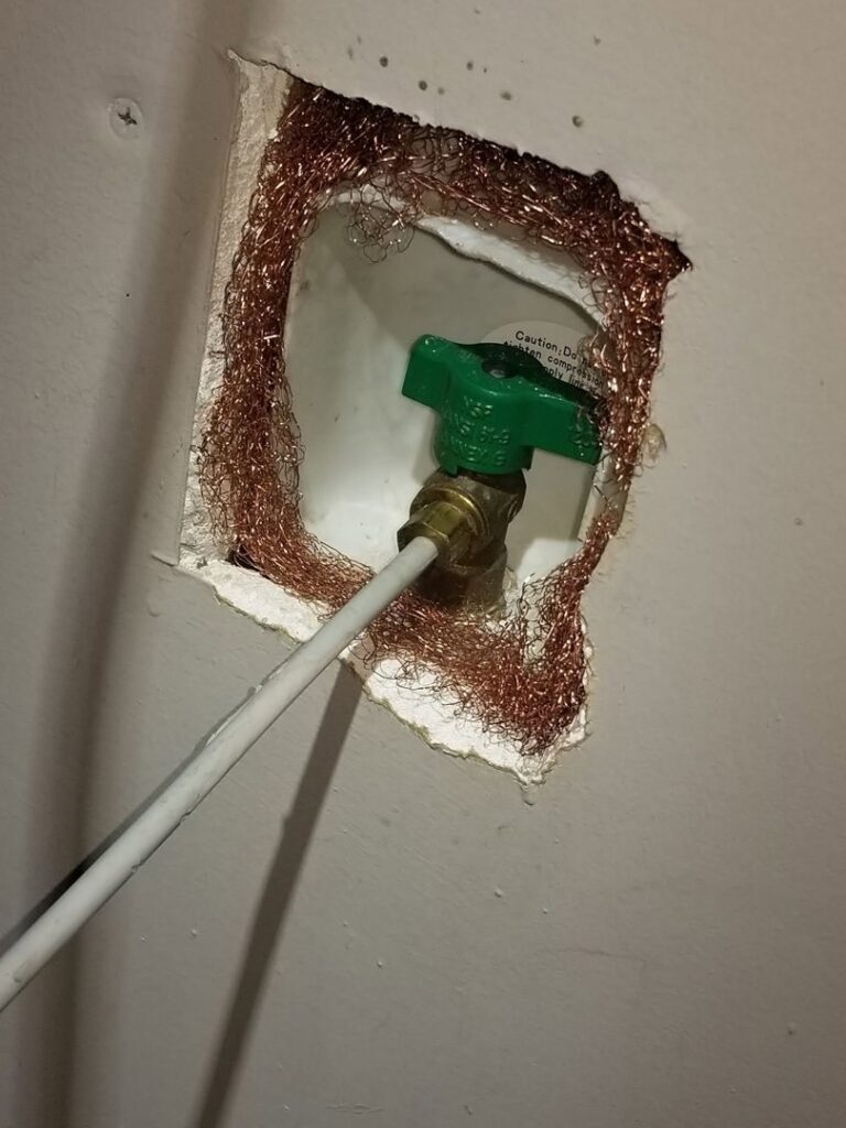 Copper mesh packed around a water valve in a wall opening for pest exclusion by Corsello & Son Pest Control Services in Atlanta, GA.