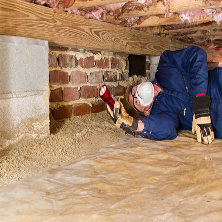 A pest and wildlife control technician inspecting a crawl space with a flashlight for TOTAL Exterminating Co. Inc. in Indianapolis, IN.