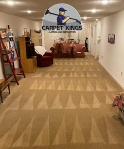 Three-panel image showing severe pet damage to carpet, subfloor, and the completed repair by Carpet Kings Cleaning & Restoration in Olathe, KS.
