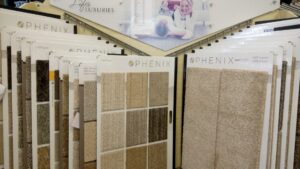 A wide selection of Phenix carpet samples displayed in the showroom of Southwest Floors in Seven Hills, OH.