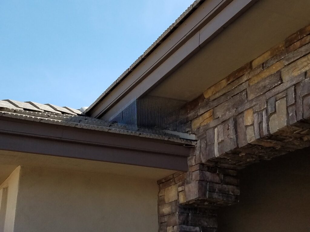Wire mesh and bird spikes installed for comprehensive pigeon exclusion under a roof eave by Pigeon Problem Solvers, LLC in Scottsdale, AZ.