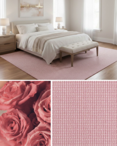 A soft pink area rug beautifully placed under a bed in a bedroom, from International Design Guild in Manchester, NH.