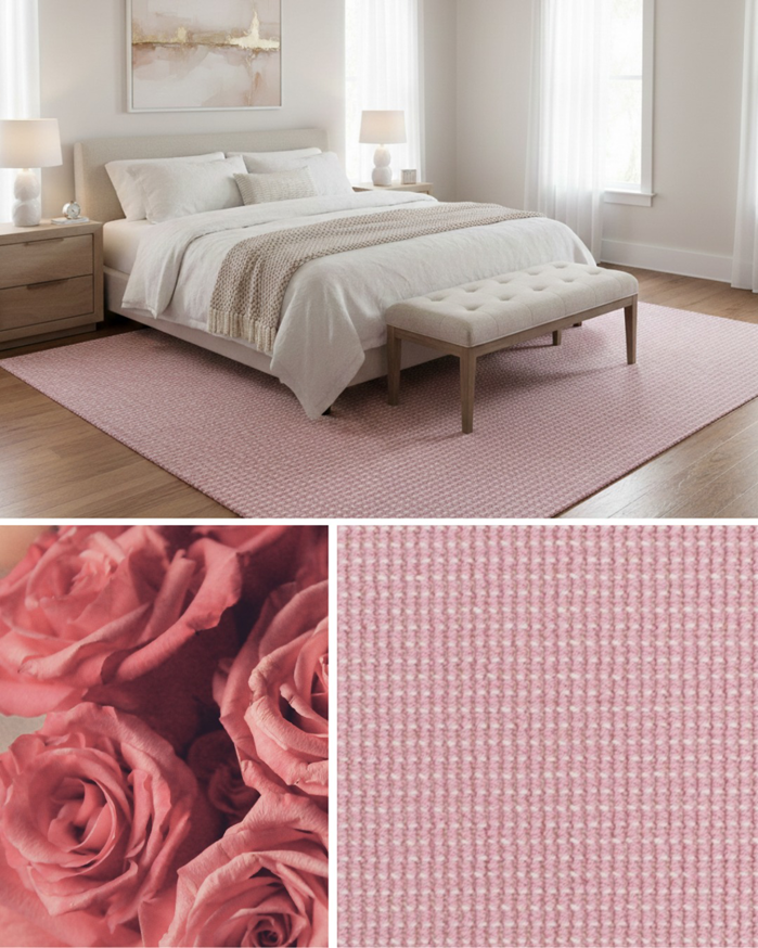 A soft pink area rug beautifully placed under a bed in a bedroom, from International Design Guild in Manchester, NH.