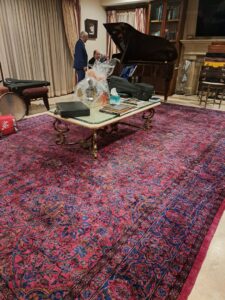 A striking pink oriental rug enhancing a luxurious living room with a grand piano, a project by Borokhim's Oriental Rugs in Madison, WI.