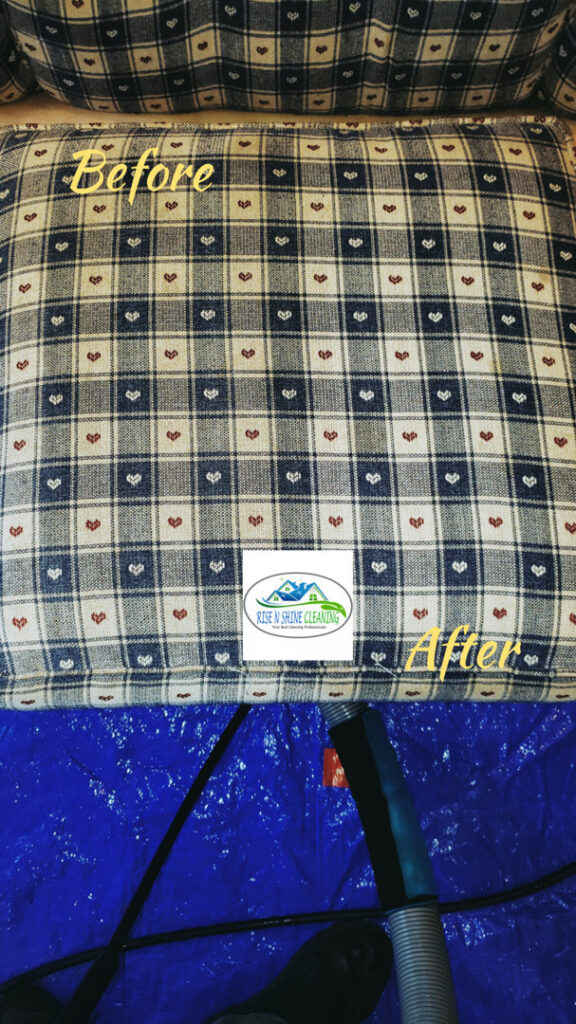Before and after cleaning of a plaid upholstered cushion by Rise N Shine Cleaning in San Antonio, TX