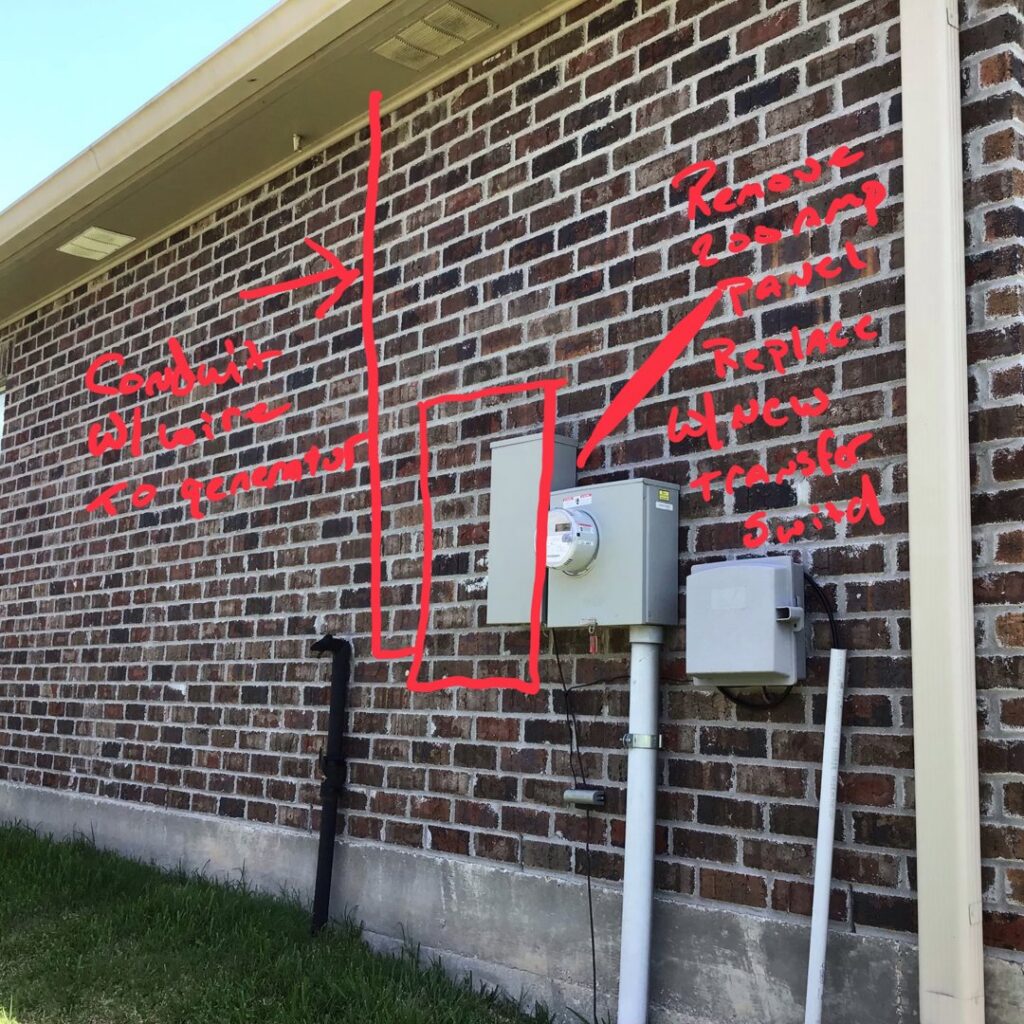 A brick wall showing an electrical meter and conduit with red markings for planned generator service by Craig's Electrical and Generator Service in Kenner, LA.