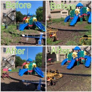 Before and after photos showing playground area cleanup and mulch application by Fili's Lawn Care LLC in Kenosha, WI.