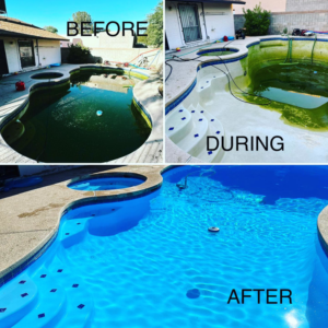 Before, during, and after collage of a pool algae removal service by Az Pool Man in Tucson, AZ, restoring clear blue water.