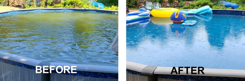 Before and after comparison of an above-ground pool, showing murky green water cleaned to clear blue by Magic Iron Filter in Madison, WI.