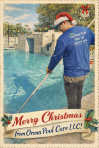 A professional pool cleaner from Orona Pool Care LLC in Mesa, AZ, actively cleaning a residential pool with a long pole.