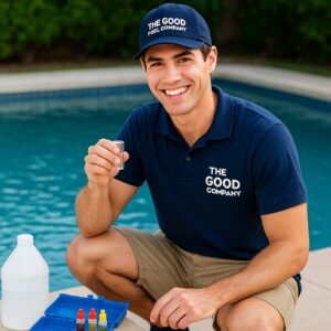 A pool cleaner from The Good Pool Company checking a water sample with a test kit by the pool in Scottsdale, AZ.