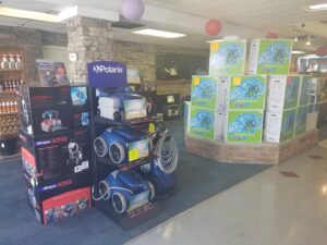 A retail display of Polaris pool cleaner robots at Firemaster in Oklahoma City, OK
