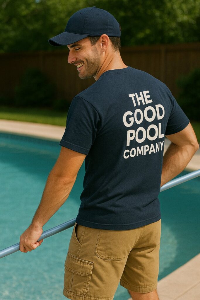 A pool cleaner from The Good Pool Company skimming the pool with a long pole in Scottsdale, AZ.