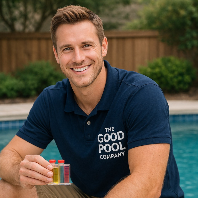 A pool cleaner from The Good Pool Company testing pool water with chemical vials in Scottsdale, AZ.