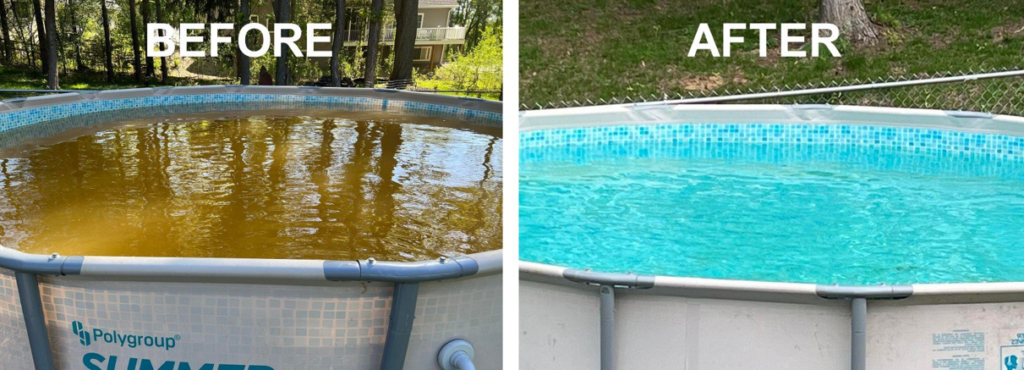 Before and after comparison of an above-ground pool showing murky, yellowish water transformed into clear, blue water by Magic Iron Filter in Madison, WI.