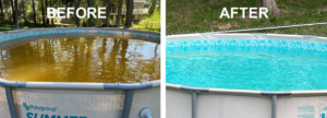 Before and after comparison of an above-ground pool showing murky, yellowish water transformed into clear, blue water by Magic Iron Filter in Madison, WI.