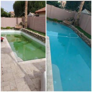 A before and after view of a pool cleaning service by Prime Pool Care in Satellite Beach, FL, showing a dirty green pool transformed into a sparkling blue one.