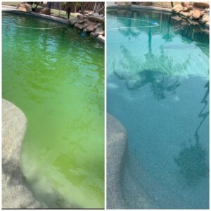 A before and after view of a pool with rock features, showing a successful cleaning service by Prime Pool Care in Satellite Beach, FL.