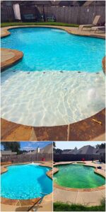 A collage showing before and after pool cleaning, including skimming, by Four Seasons Pool Services in Shreveport, LA.