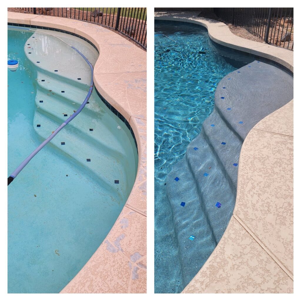 A before and after collage demonstrating pool cleaning services by East Mesa Pools, LLC in Mesa, AZ.