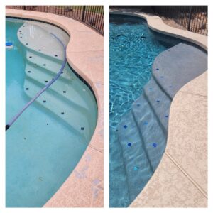 A before and after collage demonstrating pool cleaning services by East Mesa Pools, LLC in Mesa, AZ.